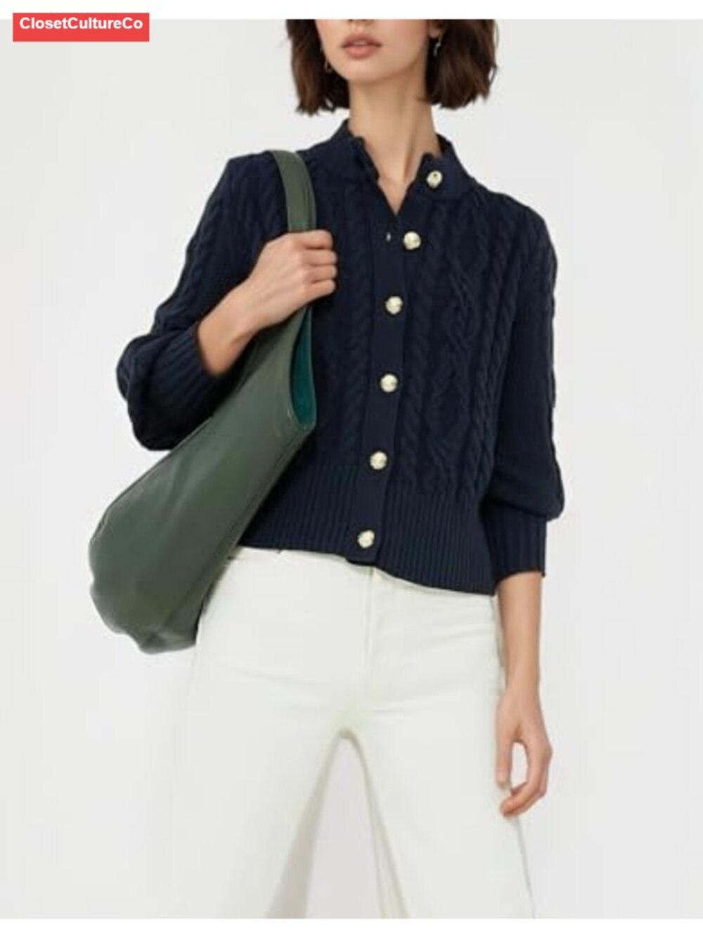 Cable Knit Cardigan Sweater Button Down Cropped Bishop Sleeve - Picture 4 of 6